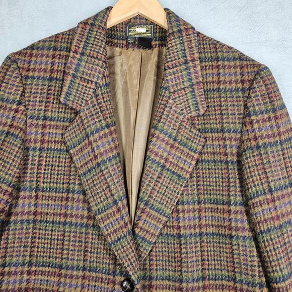 Vintage Eddie Bauer Blazer Womens Large 100% Wool Academia Style Brown Plaid - Picture 2 of 16